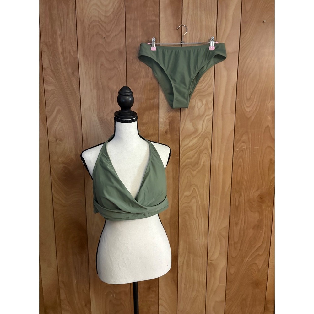 Sage Green‎ Wrap Halter Bikini Set Two Piece Swimsuit XL Olive Solid